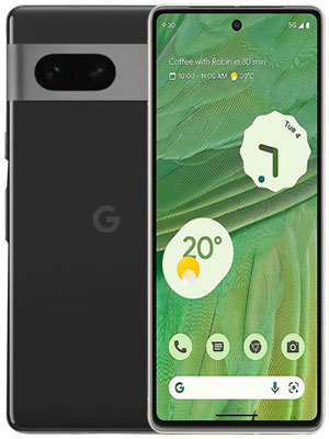 Front and back view of Google Pixel 7 smartphone in black color