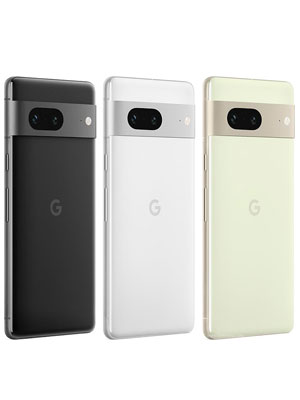 Set of three Google Pixel 7 phones displaying back panels