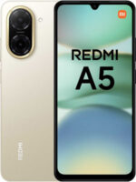 Front and back photo of Xiaomi Redmi A5 in sandy gold color smartphone